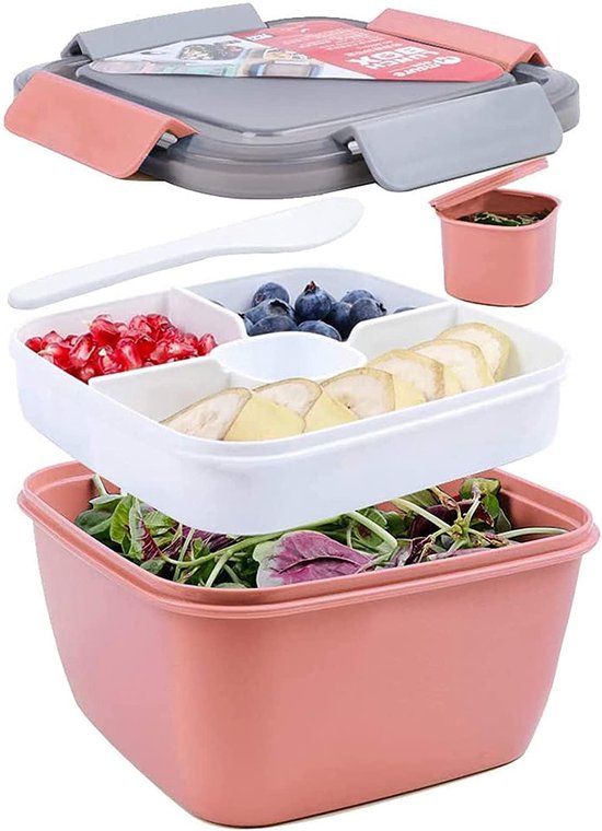 Foto: Saladecontainer lunchcontainer bento box voor lunch 3 vakken voor salade en snacks slakom met dressingcontainer lekvrij magnetronbestendig 1500 ml donker roze 