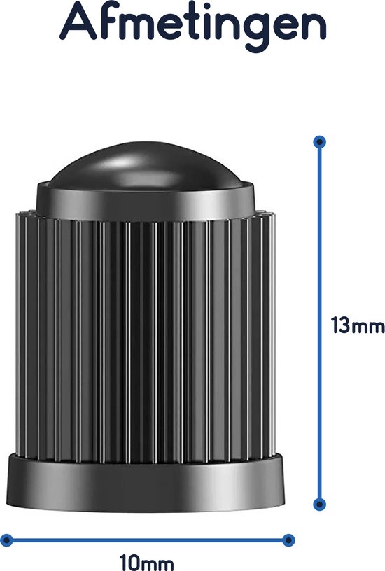 Zwarte, geribbelde ventieldop, 10mm breed en 13mm hoog.