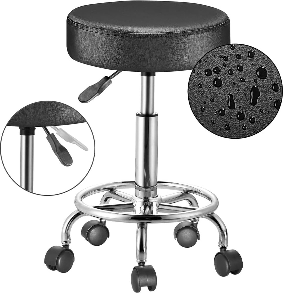 HMTOT Tabouret Rond Pivotant à Roulettes En Cuir Synthétique - Hauteur Réglable Noir