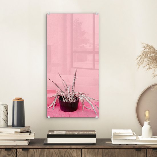 MuchoWow® Glasschilderij 20x40 cm - Schilderij acrylglas - Zomer - Roze - Planten - Foto op glas - Schilderijen