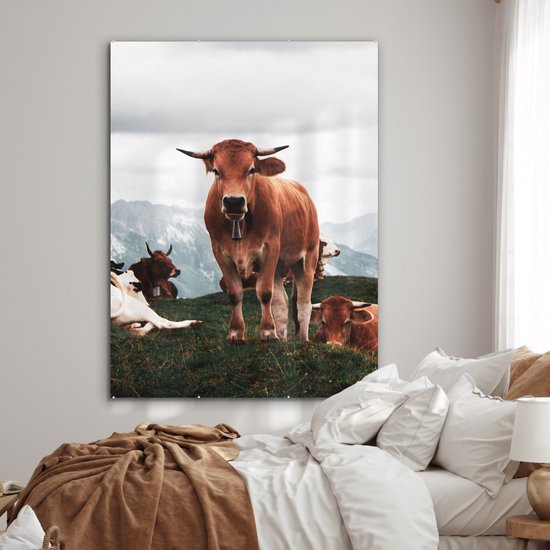 MuchoWow® Peinture sur verre 120x160 cm - Peinture sur verre acrylique - Animaux - Vache - Berg - Photo sur verre - Peintures