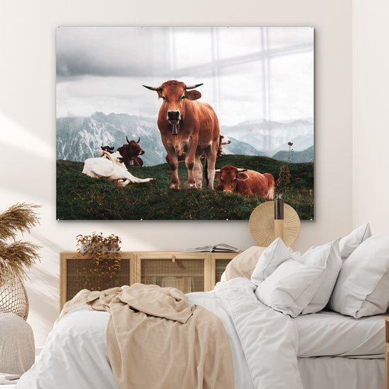 MuchoWow® Peinture sur verre 160x120 cm - Peinture sur verre acrylique - Animaux - Vache - Berg - Photo sur verre - Peintures