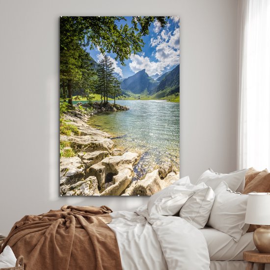 ® Glasschilderij 120x180 cm - Schilderij acrylglas - Zomer in een Zwitsers landschap - Foto op glas - Muurdecoratie woonkamer - Wanddecoratie slaapkamer - Schilderijen