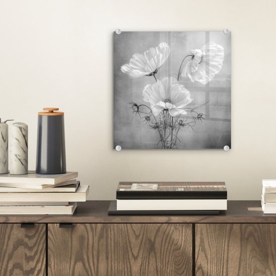 MuchoWow® Peinture sur verre 20x20 cm - Peinture sur verre acrylique - Nature morte - Fleurs - Zwart et blanc - Coquelicot - Botanique - Photo sur verre - Décoration murale salon - Décoration murale chambre - Peintures