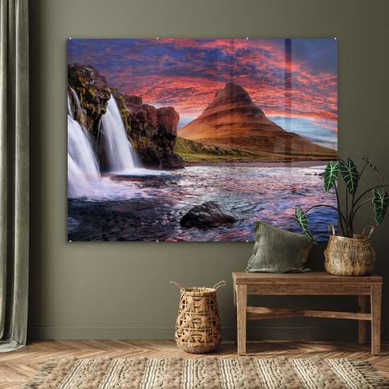 Peinture sur verre - Photo sur verre - Islande - Cascade - Berg - Verre acrylique - Décoration murale - Peinture cascade - Peinture sur verre - 160x120 cm - Décoration murale