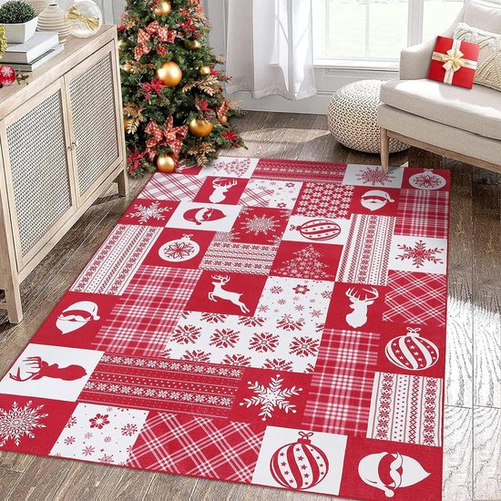 Vloerkleed, Kersttapijt, rood, vloerkleden, kerstbel, sneeuwvlok, eland, groot tapijt, woonkamertapijt, wasbaar vloertapijt, laagpolig, binnen, rood, 160 x 230 cm