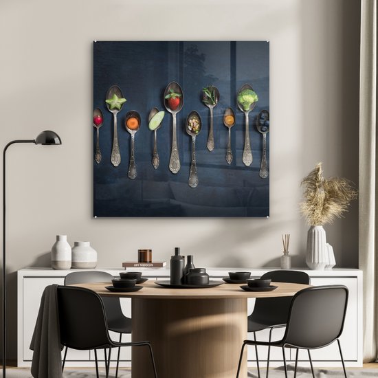 MuchoWow® Peinture sur verre 90x90 cm - Peinture acrylique sur verre - Herbes - Cuillère - Argent - Épices - Industriel - Photo sur verre - Peintures