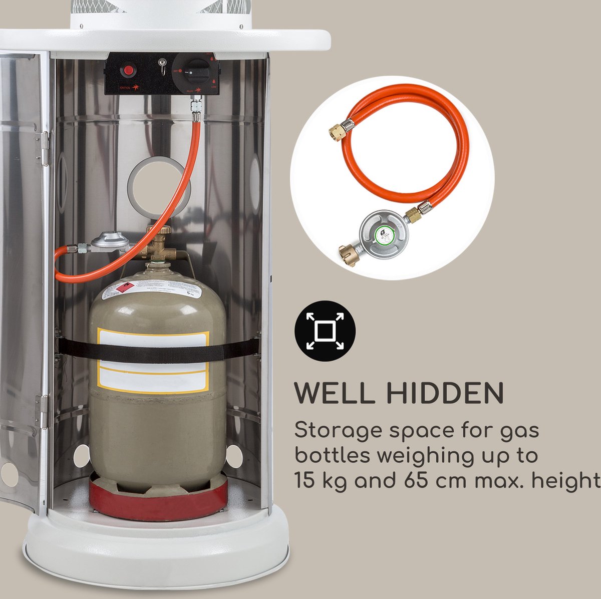 Blumfeldt Terrasverwarmer, Outdoor Gasheater, Gas Terrasheater voor Terras, Tuin & Balkon, Terrasverwarmer met elektrische Ontsteking, 360° Vlamzicht, Gasverwarming met Wielen - RVS - Op Wieltjes - Patio Heater - Buitenverwarmer – foto 2