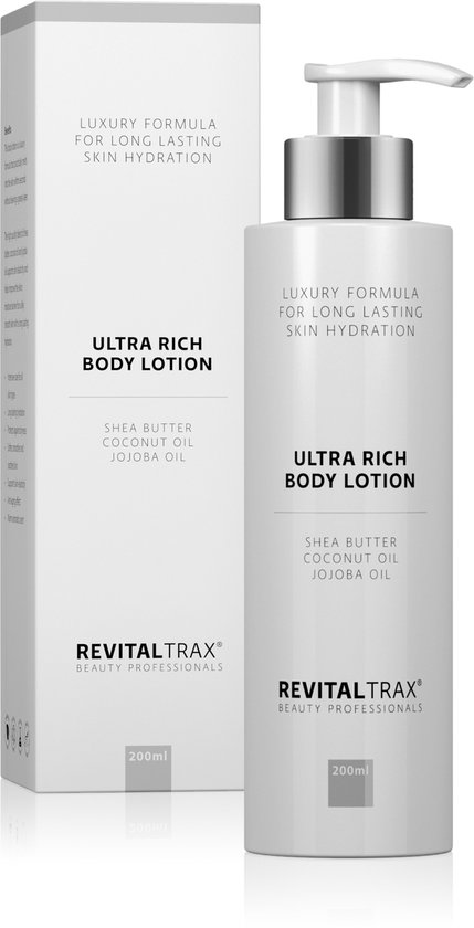 Foto: Revitaltrax ultra rich body lotion shea butter kokosolie jojoba olie hyaluronzuur beschermend hydraterend droge huid alle huidtypen voor vrouwen en mannen