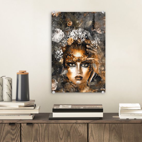 MuchoWow® Peinture sur Verre - Femmes - Fleurs - Or - 20x30 cm - Peintures sur Verre Acrylique - Photo sur Glas
