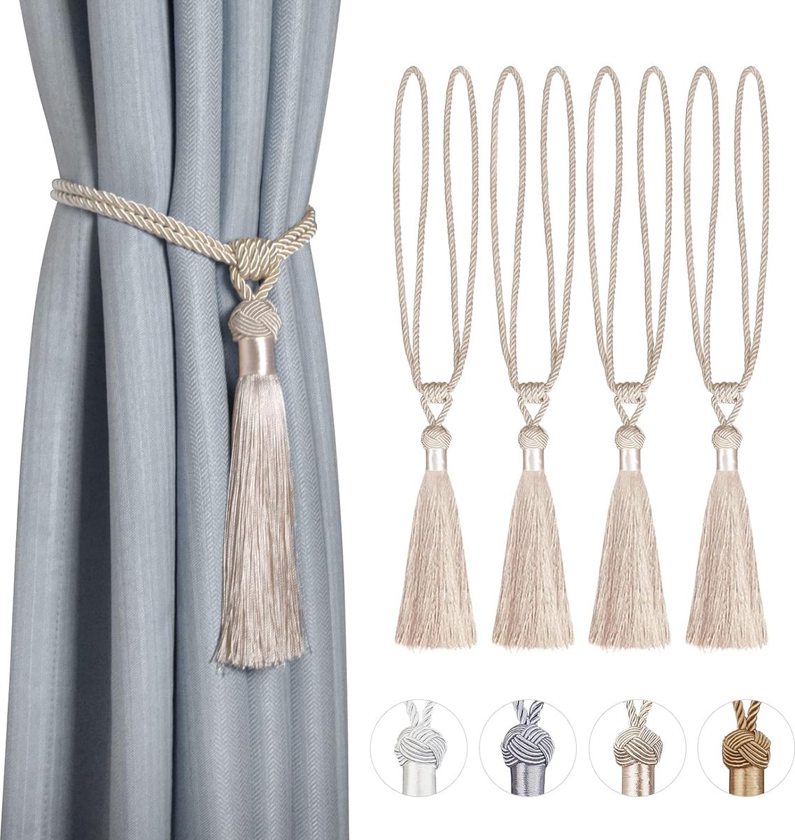Pakket van 4 Gordijnhouders, Gordijnkoorden, Gordijnhouders, Polyester Katoenen Touw met Kwastje, Gordijnkoorden, Decoratieve Raam, Effen Gordijnaccessoires, Beige.