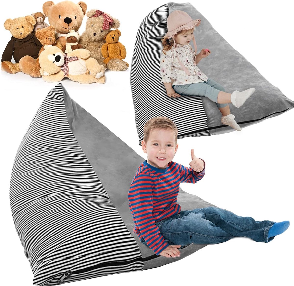 Kinderzitzak, speelgoedopslag, organizer voor knuffels, knuffeldier, opvouwbare opbergzak, extra grote 200 L zitzakstoelen bankstoel (strepen)