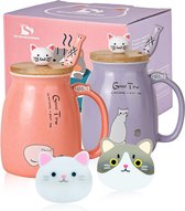 Pakket van 2 kattencups, schattige keramische koffiekopjes met bamboe deksel en lepel, grappige ochtendbeker, koffie, melk, theemok, 3D-dierlijke kattencups voor kattenliefhebbers (rood en paars)