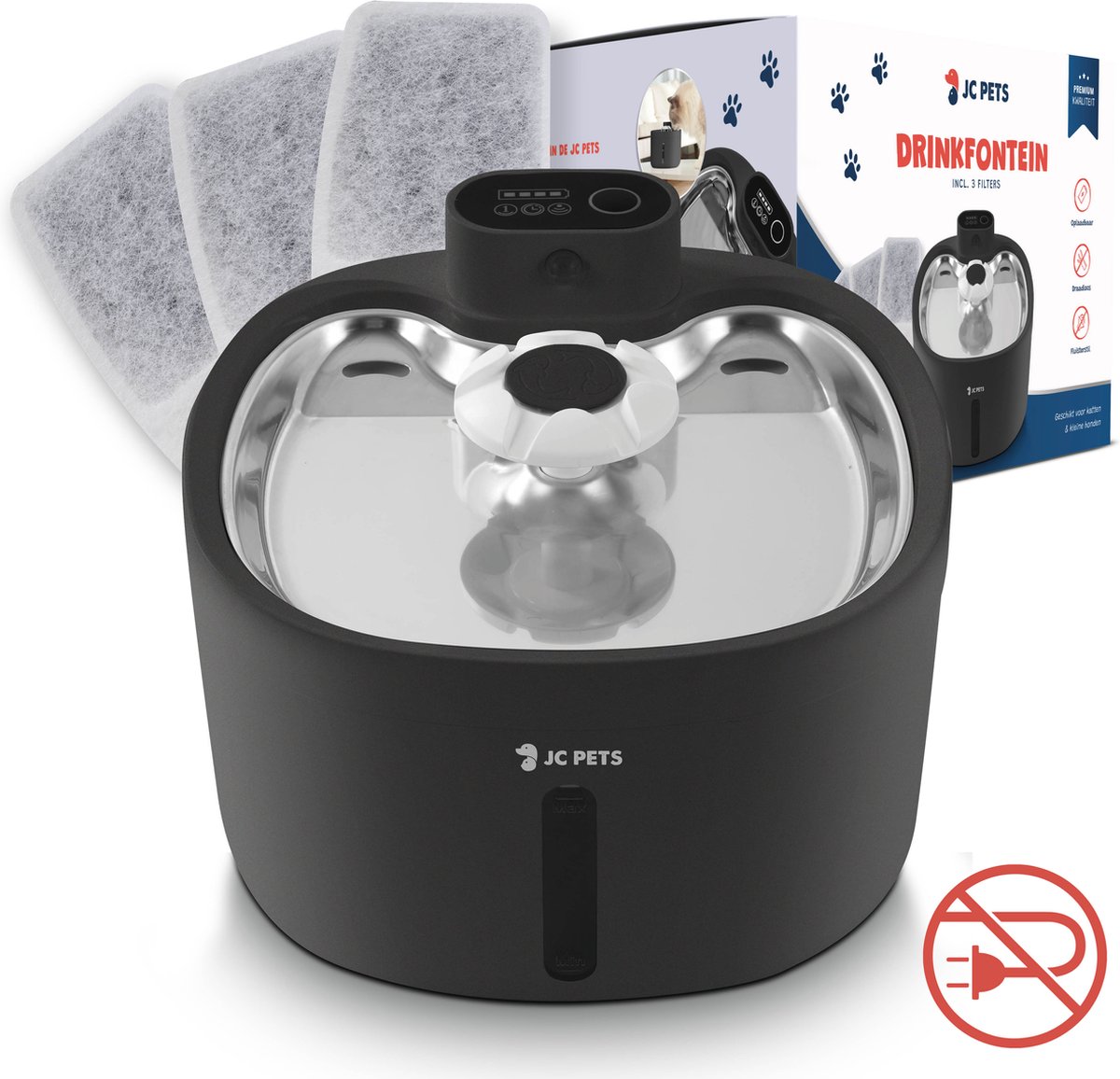 JC Pets Premium RVS Draadloze Drinkfontein voor Kat of Hond Inclusief 3 filters bol