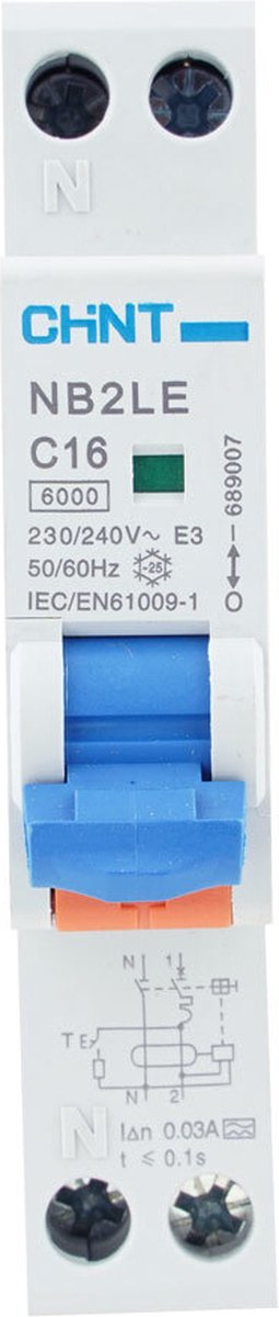 Chint aardlekautomaat 1-polig+nul 16A C-kar 30mA (689007)