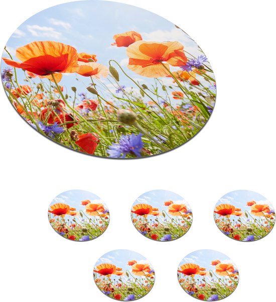 Sous- Sous-verres pour verres - Ronds - Fleurs - Coquelicot - Printemps - Nature - Rouge - Blauw - 10x10 cm - Sous-verres - 6 pièces