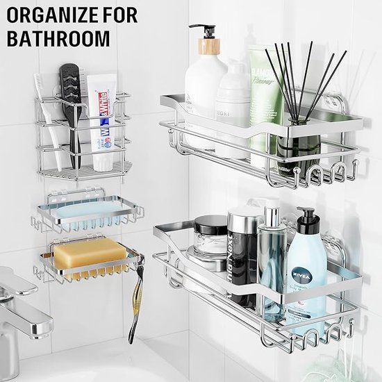 - Paquet de 5 caddies de Douche de salle de bain, organisateur de rangement de salle de bain auto-adhésif Geen Embouts , support de douche en acier inoxydable 304 pour organisateur de salle de bain, organisateur de Douche , Cuisine (Argent)