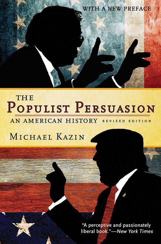 Boek "The Populist Persuasion An American History" met silhouetten van twee mannen en een Amerikaanse vlag.
