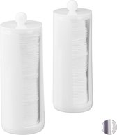 porte-tampons en coton relaxdays - distributeur de coton - lot de 2 - acrylique - couvercle - rond blanc