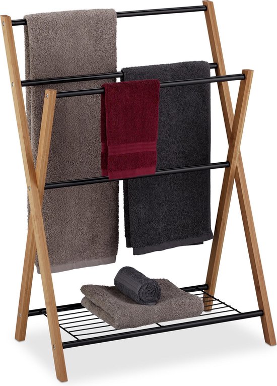 Relaxdays handdoekrek vrijstaand - handdoekenrek 4 stangen - bamboe  handdoekhouder - zwart | bol.com