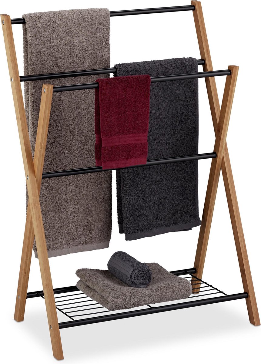 Relaxdays handdoekrek vrijstaand - handdoekenrek 4 stangen - bamboe handdoekhouder - zwart