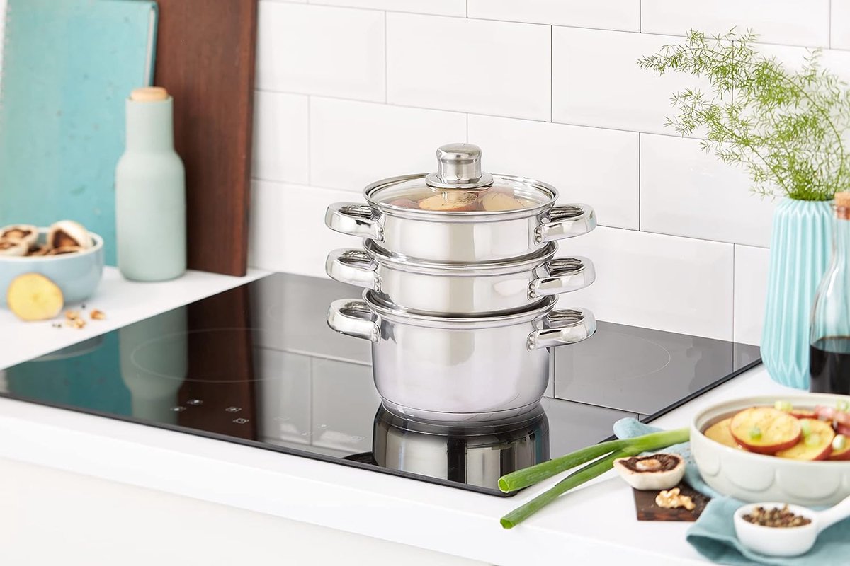 Cuit-vapeur 3 étages Inox - 32.5x25cm, Avec Couvercle Verre, Pour Cuisson Saine