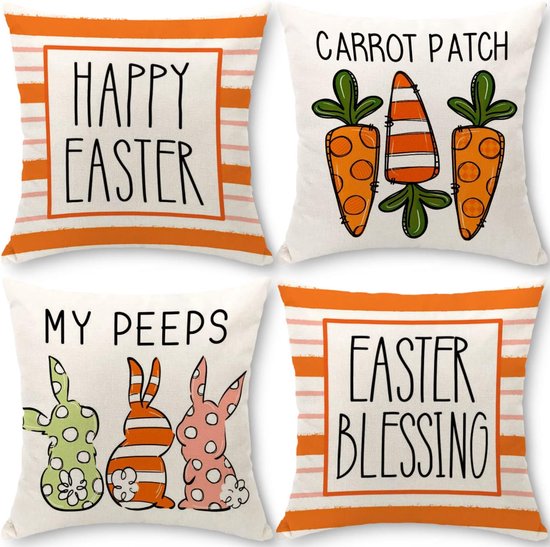 Cirzone Easter Cushion Cover, 40 x 40 cm, Set of 4, Easter Decorative Cushion Cover, Easter Rabbit and Carrot Cushion Cover, Easter Decoration for Home, Sofa, Garden, Bedroom