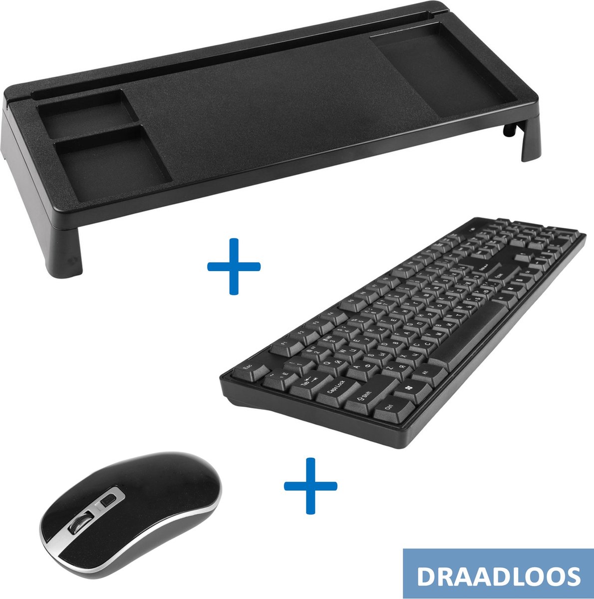 Q-link toetsenbord + muis + monitorstandaard - Draadloos - QWERTY - NUM keypad - 1200 dpi - Zwart - Complete 3 delige set
