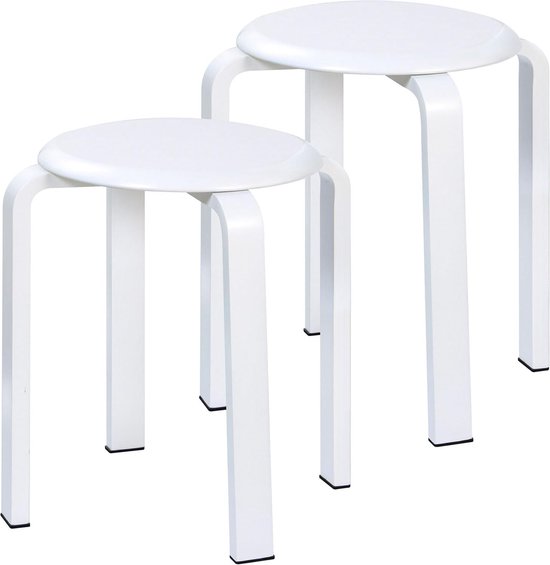 Set van 2 eetkamerkrukken, houten stapelstoel met antislipmat, stapelkruk voor klaslokaal, keuken, eet- of home-pub, wit