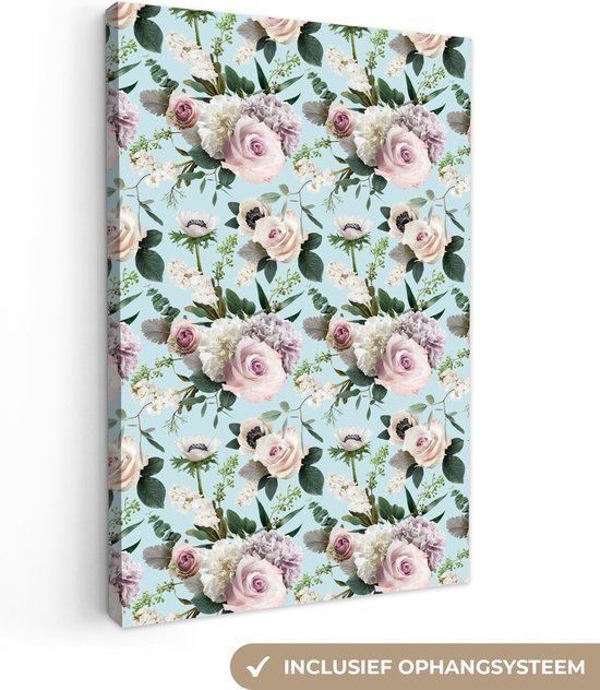 Toile Peinture Fleurs - Rose - Feuille - 90x140 cm - Décoration murale