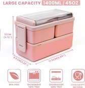 Lunchbox 1400ML 28 PCS, Dubbele Stapelbare Bento Box Container Meal Prep Containe Met Bestek, Verzegelde Versbewarende Doos, Alles in één Lekvrije BPA Gratis Lunchbox voor Volwassenen Roze