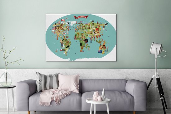 Une illustration de bande dessinée d'une carte du monde avec des chiffres sur toile 140x90 cm - Tirage photo sur toile (Décoration murale salon / chambre)