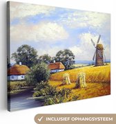 Canvas schilderij - Boerderij - Molen - Olieverf - Natuur - Canvas landelijk - 120x90 cm - Schilderijen op canvas - Canvasdoek - Muurdecoratie