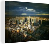 Canvas Schilderij Zonnestralen verlichten het centrum van Melbourne - 120x90 cm - Wanddecoratie