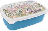 Broodtrommel Blauw - Lunchbox - Brooddoos - Parijs - Regenboog - Kinderen - Roze - Meisjes - Dieren - 18x12x6 cm - Kinderen - Jongen
