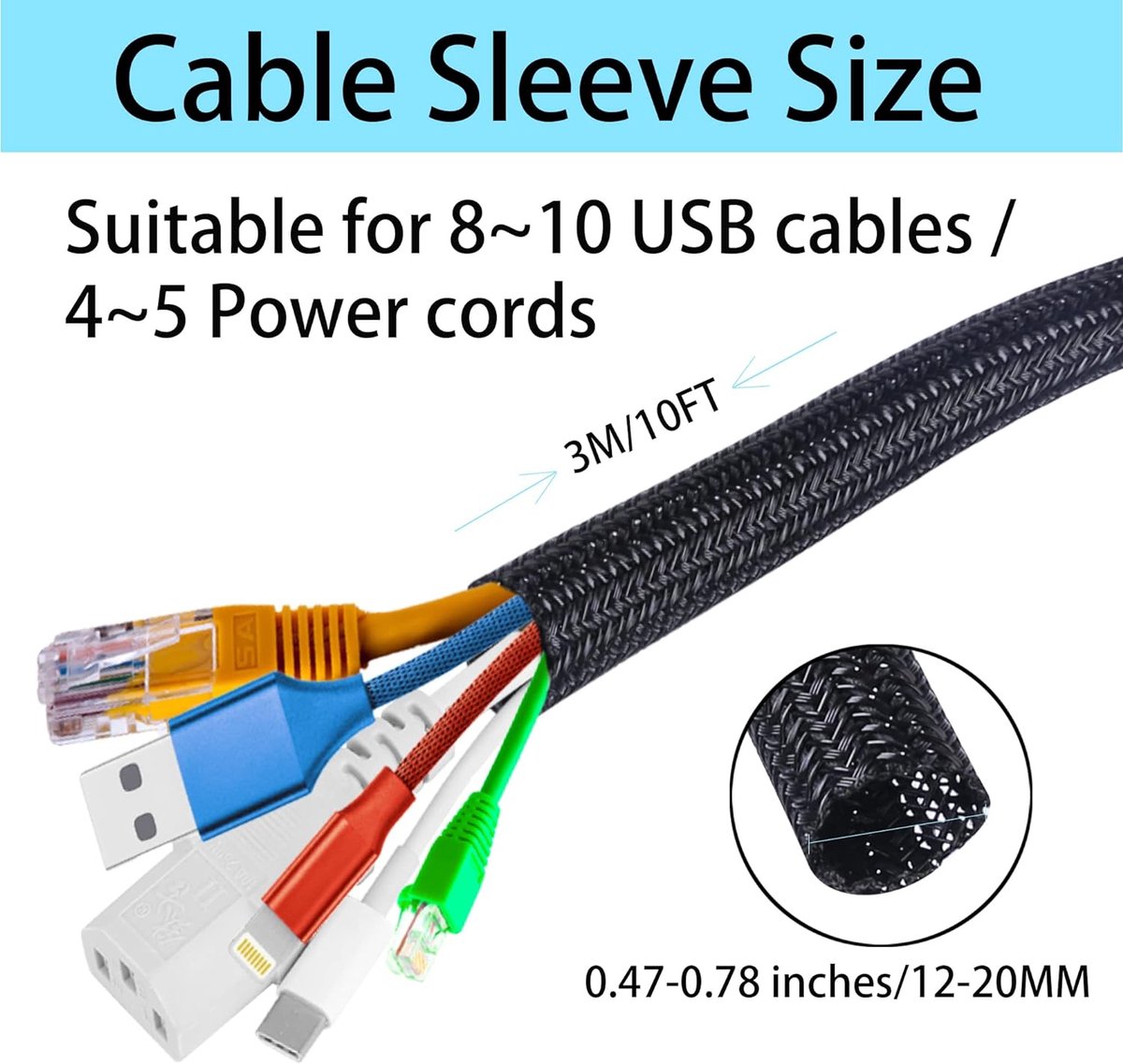 Kabelverzorgde mouw, 3m kabelbeheerbuis voor pc/tv, diameter 12-20mm, zelfklevende beschermer draadnette organizer voor thuis, kantoor - zwart