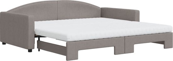 Taupe slaapbank met onderschuifbed en matras.