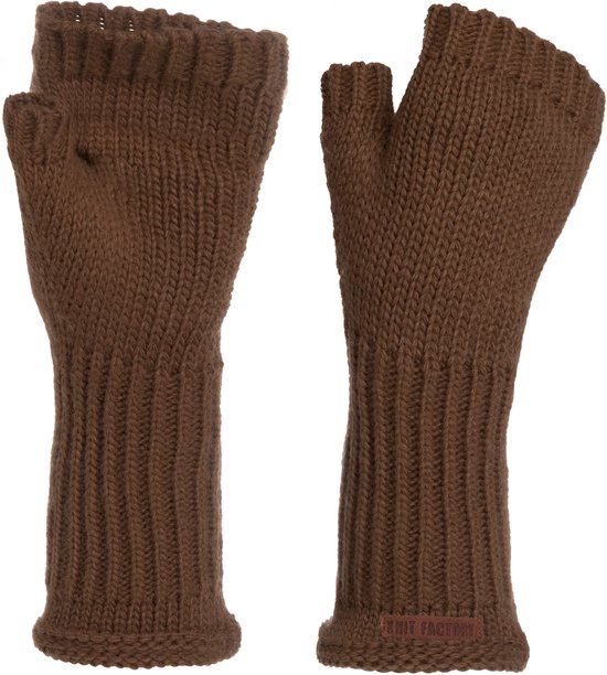 Bruine gebreide vingerloze handschoenen van Knit Factory, met een ribbelpatroon en omslagboord. One size.