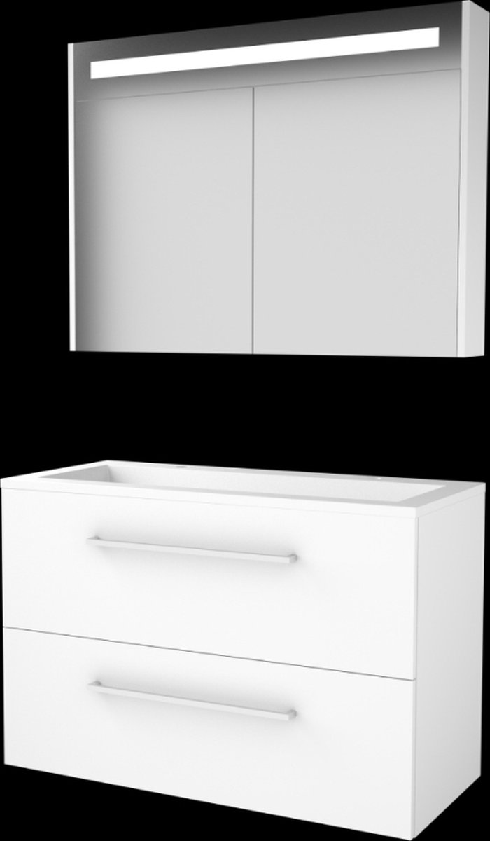 Basic Premium 46 badmeubelset met spiegelkast met geïntegreerde LED verlichting, wastafelonderkast met grepen, 2 lades en acryl wastafel met 2