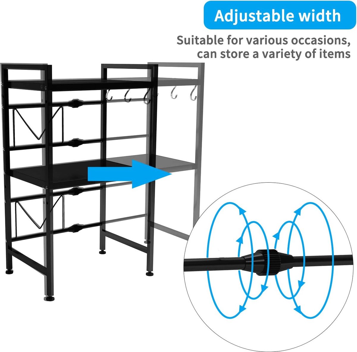 Aufun uitbreidbare magnetron Opbergrek 3-laags magnetronstandaard met 3 ophanghaken aanrechtblad opslagorganisator printerstandaard (44-60cm, zwart