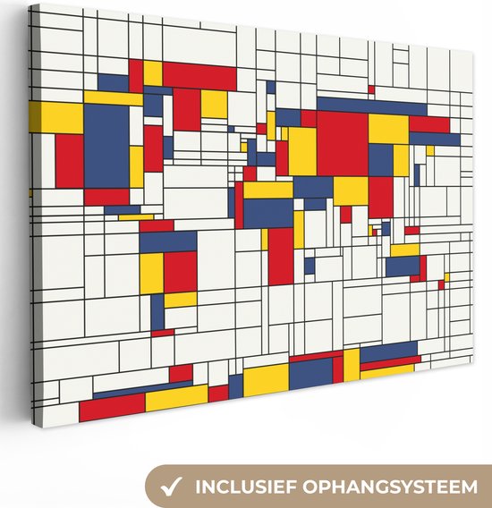 Canvas Wereldkaart - 150x100 - Wanddecoratie Wereldkaart - Mondriaan - Kleuren - Kinderen - Jongetje - Meisje - Kids