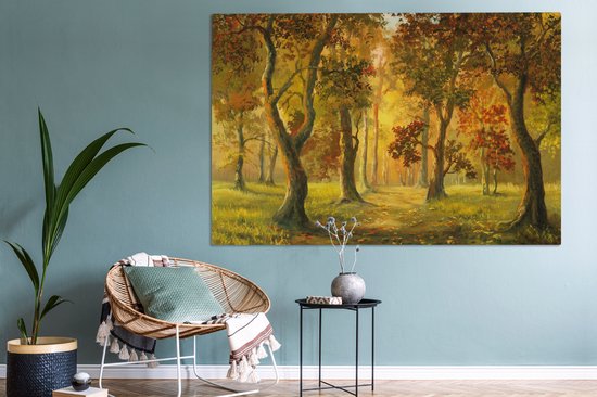 Une illustration d'une forêt au soleil d'automne sur toile 180x120 cm - Tirage photo sur Toile (Décoration murale salon / chambre) / Arbres Peintures sur toile XXL / Groot format!