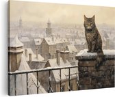 Artaza Canvas Schilderij Kat op een Steentje in de Winter - 30x20 - Klein - Foto Op Canvas - Canvas Print