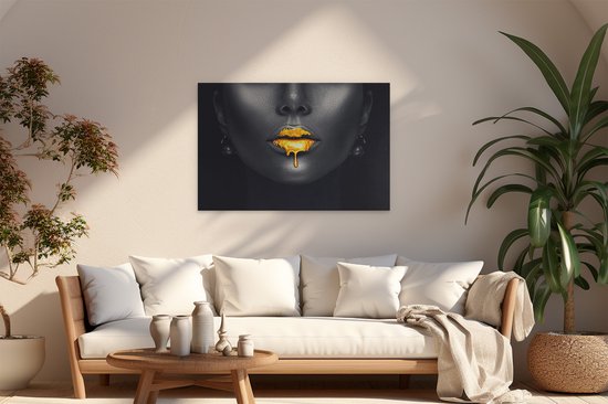 Artaza Peinture sur Toile Femme aux Lèvres Dorées - 120x80 - Groot - Photo sur Toile - Impression sur Toile