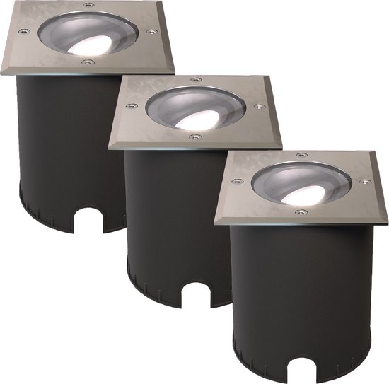 HOFTRONIC - Set van 3 Cody LED Grondspots XL RVS - Vierkant - Dimbaar en kantelbaar - IP67 Waterdicht - RVS - GU10 4.5W 345 Lumen - 6500K Daglicht wit licht - Geschikt voor tuin, oprit en pad