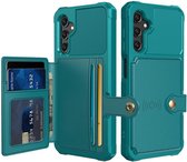 Portemonnee Hoesje Geschikt voor Samsung Galaxy A25 - Back Cover met Pasjeshouder - Telefoonhoesje voor Pinpas - Kaarthouder op Achterkant - Case met Magneet voor Auto Houder Groen Blauw