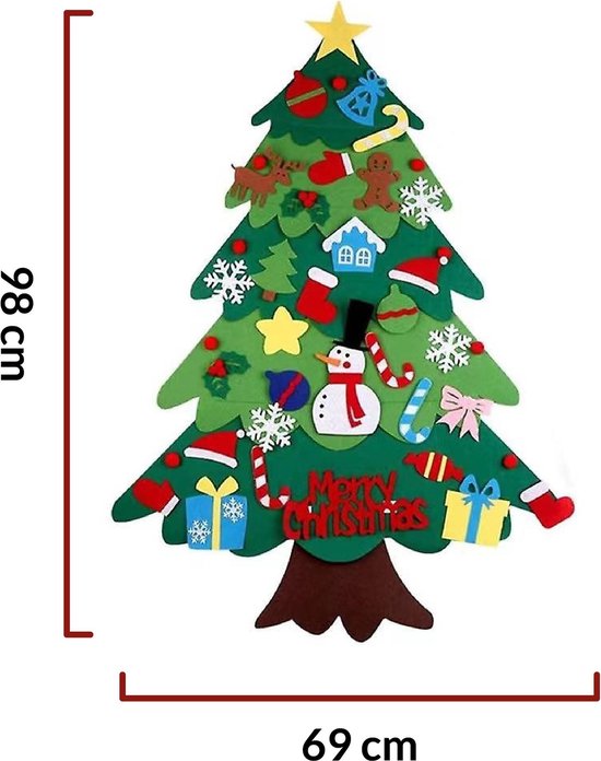 Trend24 - Vilten kerstboom voor kinderen - Vilten kerstboom - Kerstboom vilt - Vilten kerstboom met verlichting - Vilten kerstboom voor kinderen met verlichting - Vilt - Met LED slinger - Met 30 ornamenten - Groen - Veelkleurig - 69 x 98 cm