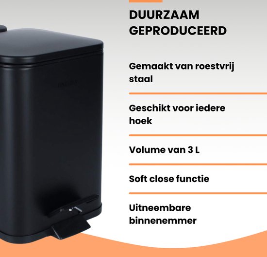 Oneiro's Soft Close pedaalemmer BAS PRO Zwart - 16 x 16 x H27 - 3L - metaal - toilet - badkamer