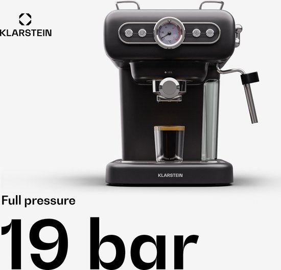 Klarstein Espresso Portafilter Machine met Melkopschuimer - 1 -2 L Retro Mini Espresso Machine met Portafilter - 950 W Klein Koffiezetapparaat - Roestvrij Staal Koffiezetapparaat voor Cappuccino - Zwart