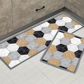 Kitchen Rugs, Non-Slip Kitchen Mats, Pack of 2, Washable Kitchen Rug with Sliding Sticker, Dustproof Doormat for Indoor Use (Hexagon Mosaic, 43 x 75 + 43 x 150 cm)